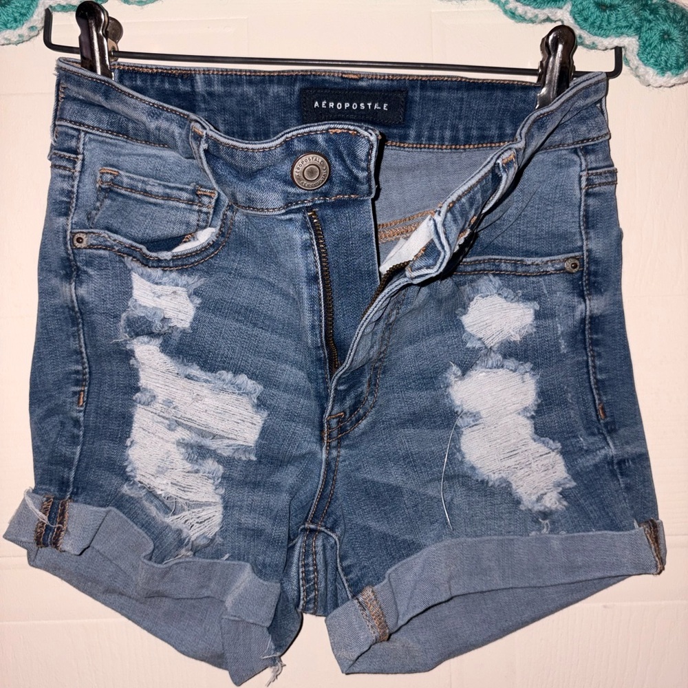 Aeropostale Ripped Cuffed Denim Shorts - Light Blue